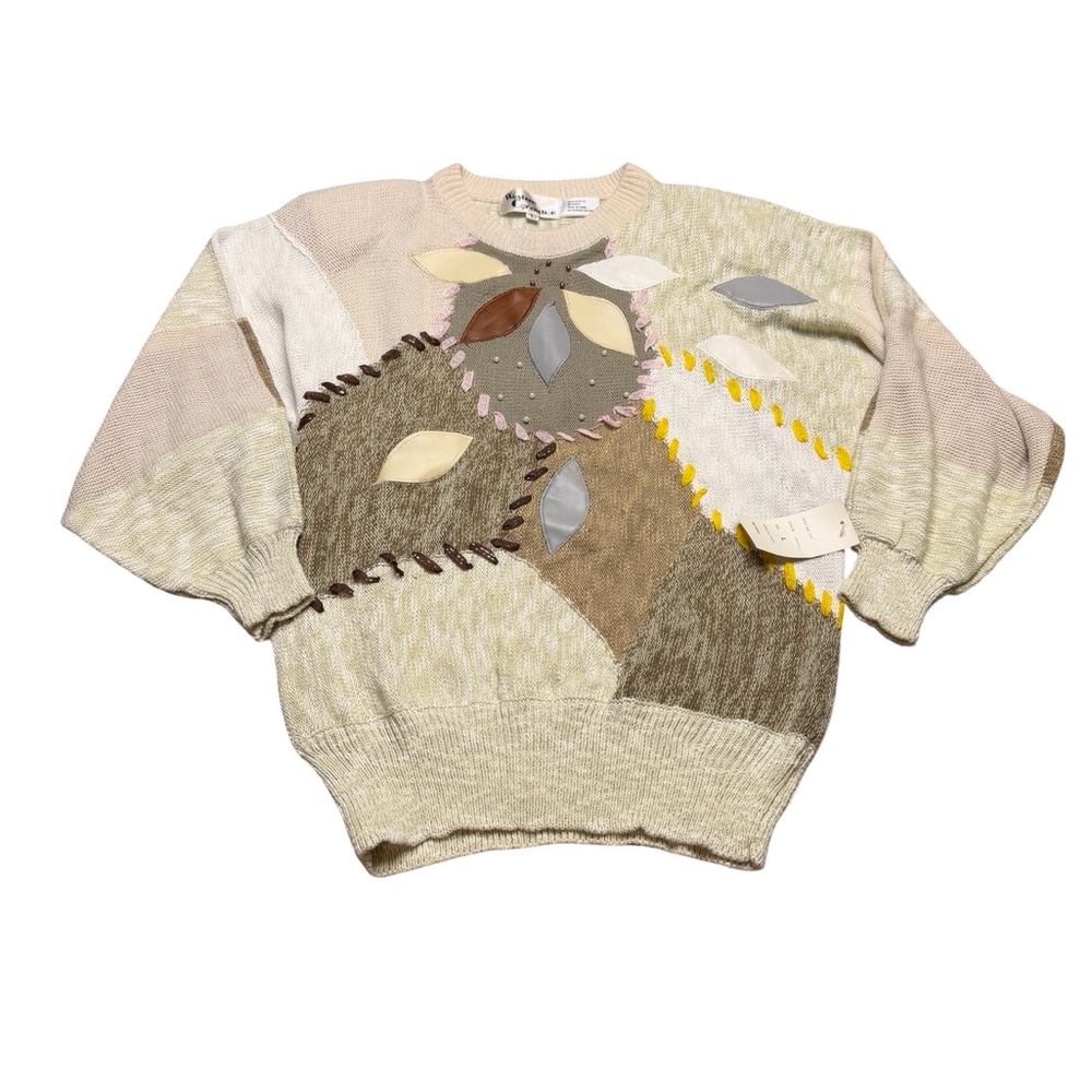 ✨🧶 Western Connection Patchwork Applique Grannycore Sweater Sz L Cozy Neutral 🧶✨